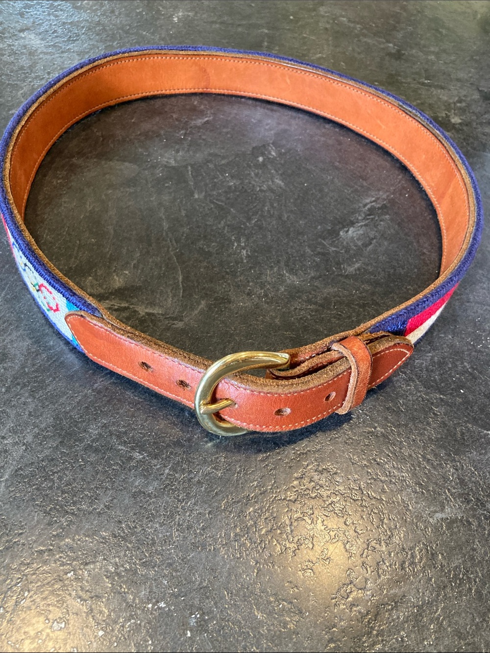 Men Dan Lace PJ Olympic flags needlepoint leather belt size 32